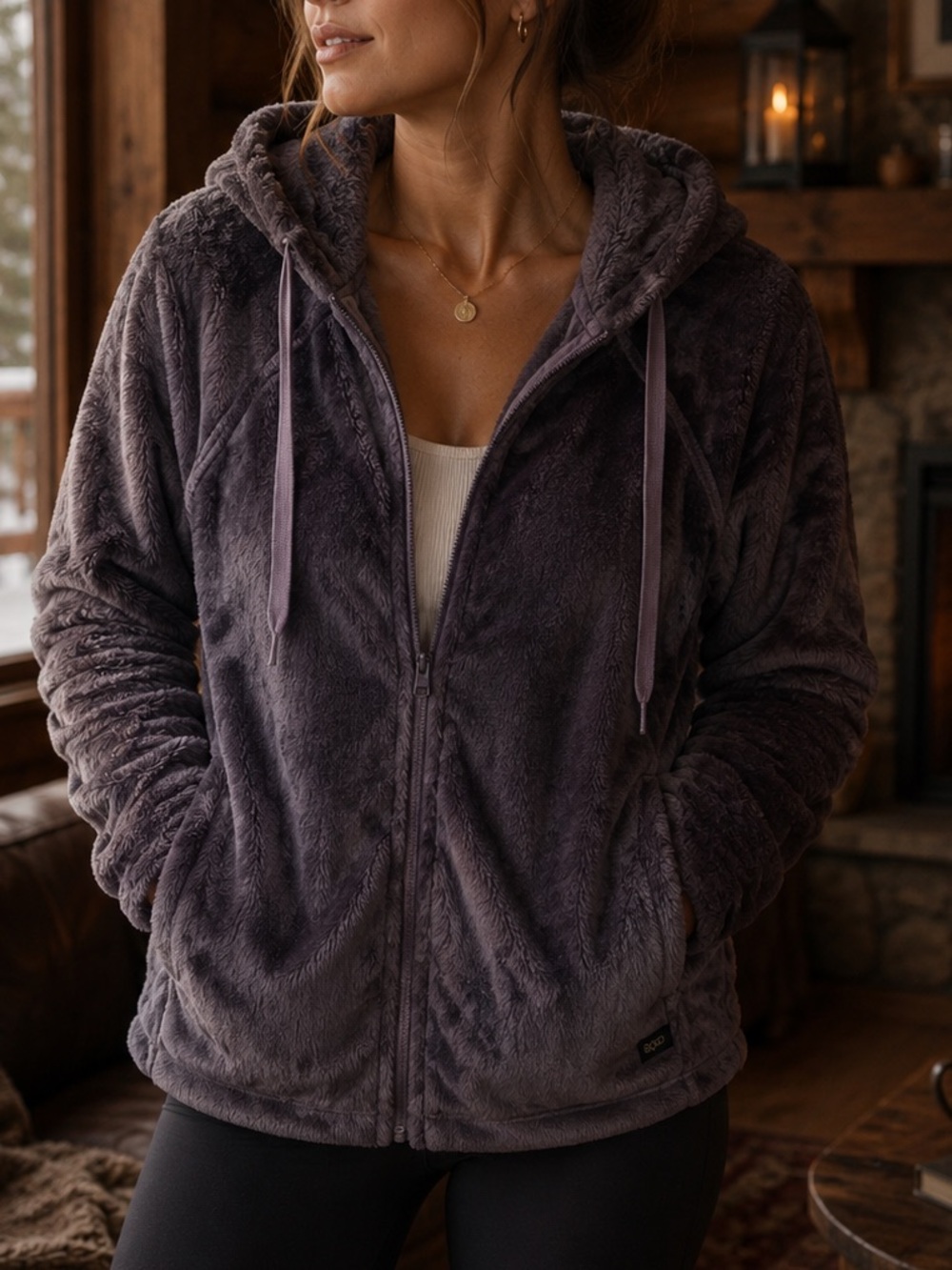 Legend Discovery Plush Zip-Up Hooded Teddy Jacket Heather Plum Gorpcore Outdoor